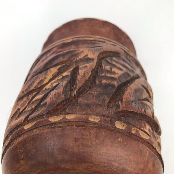 Wood Hand Carved Brown Turned Pedestal  Vase - Picture 9 of 15